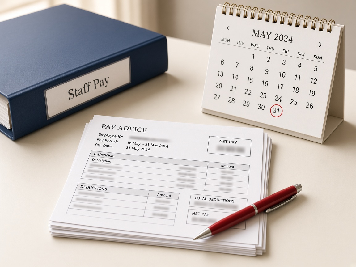 Stack of pay slips beside a staff-pay binder and desk calendar