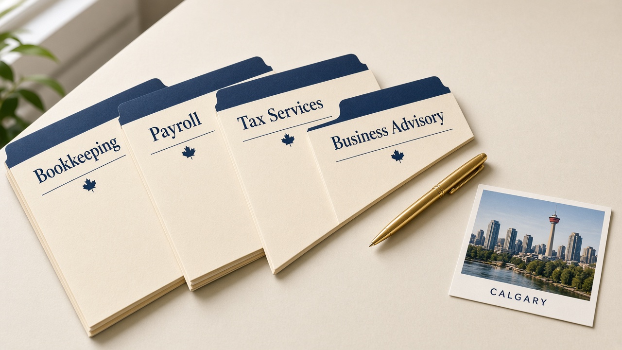 Four service folders labeled Bookkeeping, Payroll, Tax Services, and Business Advisory