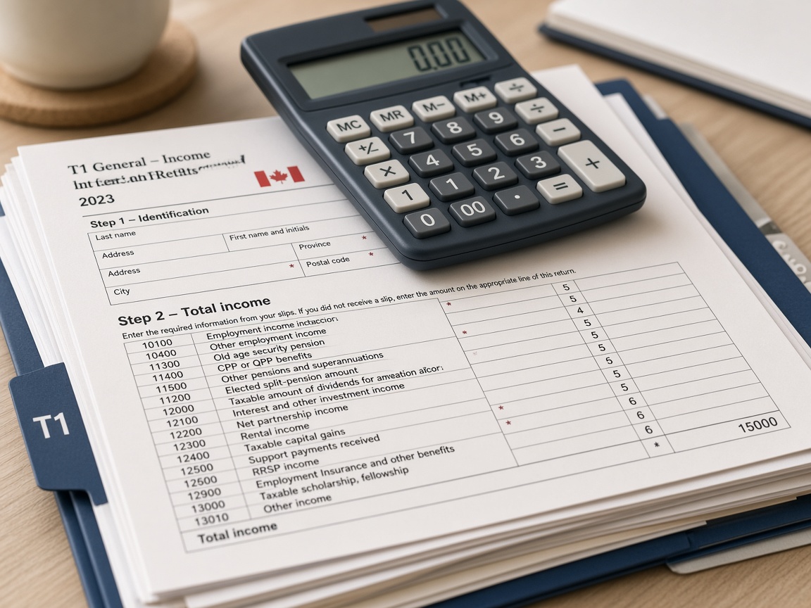 Close-up of Canadian tax folders and calculator on an organized desk